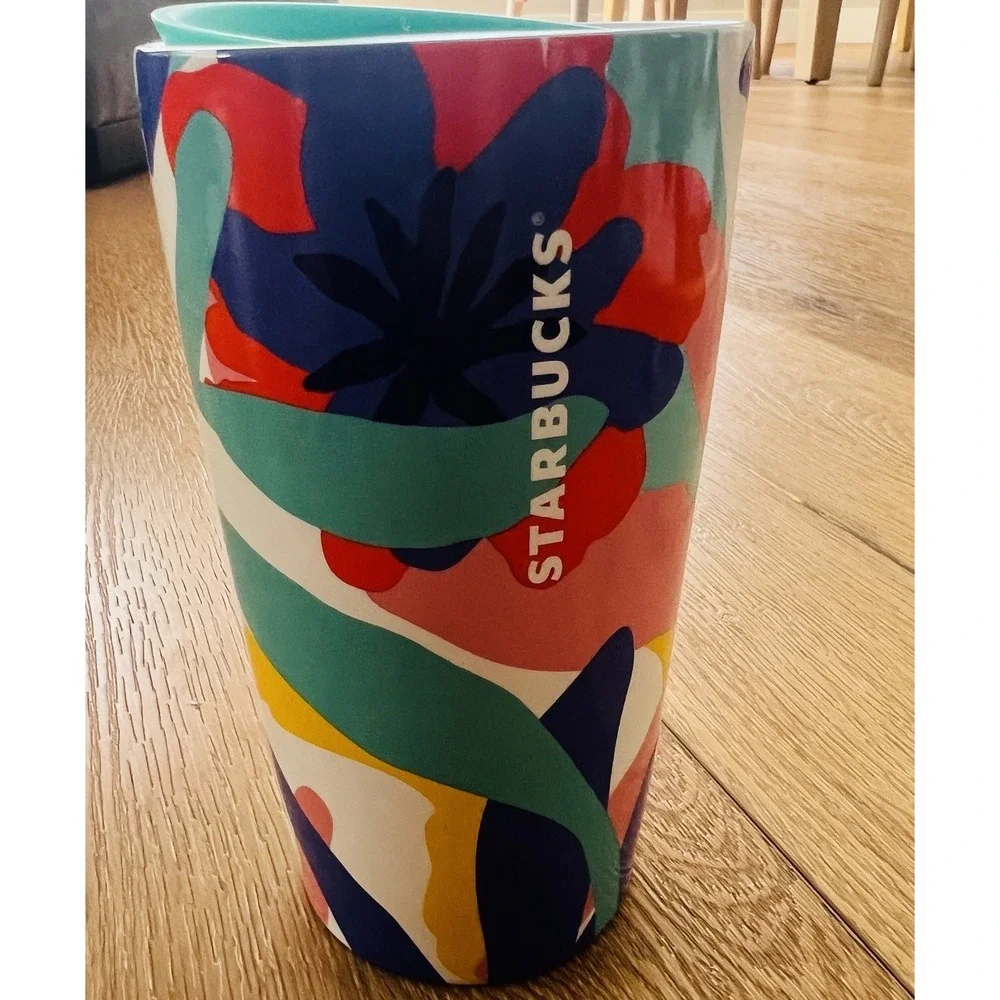 Starbucks Travel Tumbler Abstract Floral Art Pink Teal Navy‎ Modern Pop Art NEW